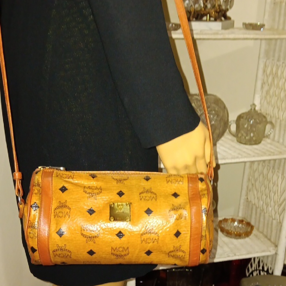 MCM Cognac Crossbody Barrel Bag with Logo Pattern EUC - Picture 1 of 13